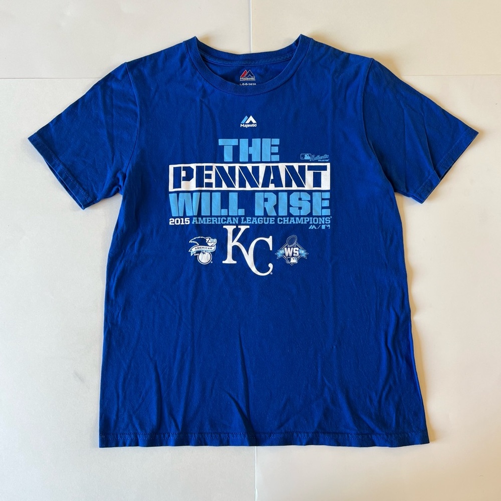 Majestic Kansas City Royals Baseball Large 14/16 Blue Pennant Shirt Top Tee